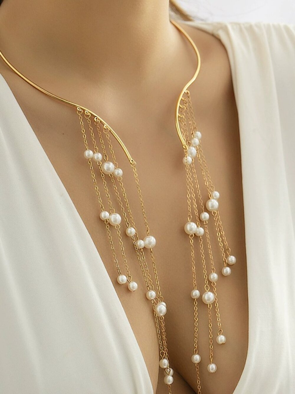 Statement Gold Collar Necklace with Long Pearl Tassels